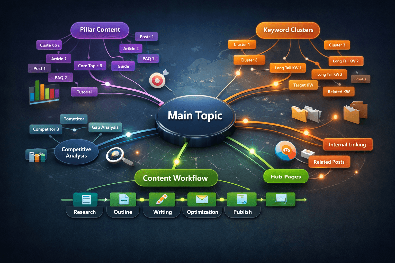 Topical authority map showing content strategy with pillar content, keyword clusters, competitive analysis, and content workflow from research to publishing